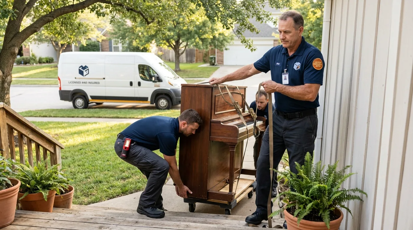 Licensed piano movers securing grand piano in Luverne, AL