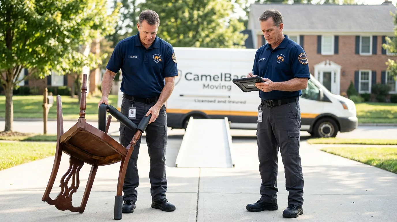 Movers inspecting furniture for damage prevention before loading in Luverne, AL