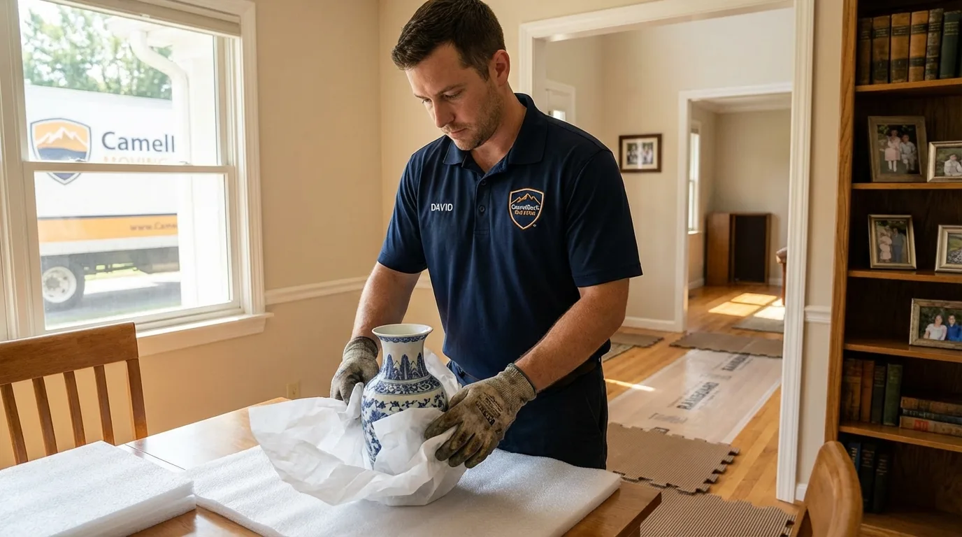 Professional crew carefully wrapping antique vase for senior downsizing move in Luverne, AL